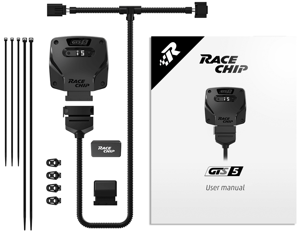 Scope of delivery of the RaceChip GTS 5 tuning chip including the control unit, wiring harness, optional OBD dongle, OEM connector, five cable ties, four mounting clips and user manual.