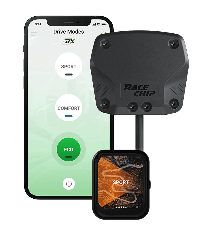 RaceChip RX Steuergerät mit Smartphone-App im ECO-Modus. Weitere Modi: COMFORT und SPORT. RX-Controller zeigt SPORT-Modus in Farbansicht.