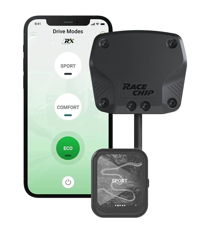 RaceChip RX Steuergerät mit Smartphone-App im ECO-Modus. Weitere Modi: COMFORT und SPORT. RX-Controller ist ausgegraut, da er optional zu verfügung steht.