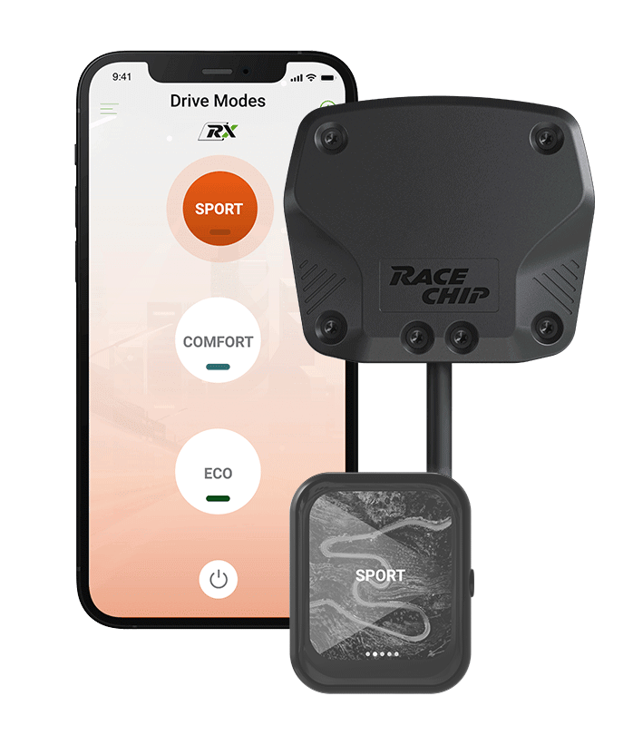 RaceChip RX Steuergerät mit Smartphone-App im SPORT-Modus, daneben COMFORT und ECO. RX-Controller ist ausgegraut, da er optional zu verfügung steht.