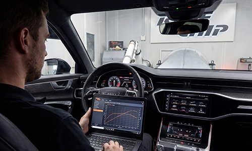An Audi RS6 being analysed and calibrated on a dyno