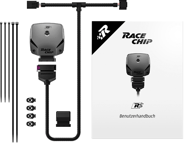 Scope of delivery for the RaceChip tuning chip with control unit, cable set, OEM connector, cable ties, mounting clips and user manual.