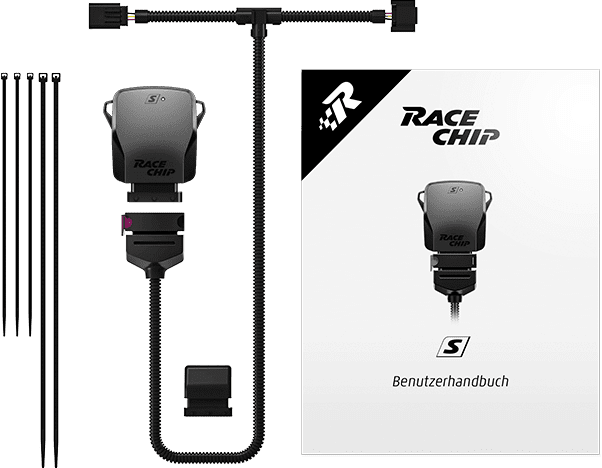 Scope of delivery RaceChip S: control unit, vehicle-specific wiring harness, OEM connector, cable ties and user manual.